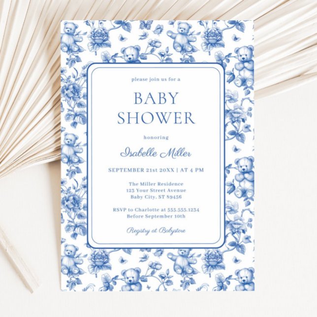 Toile De Jouy Nalle Baby Shower Boy Inbjudningar (Skapare uppladdad)