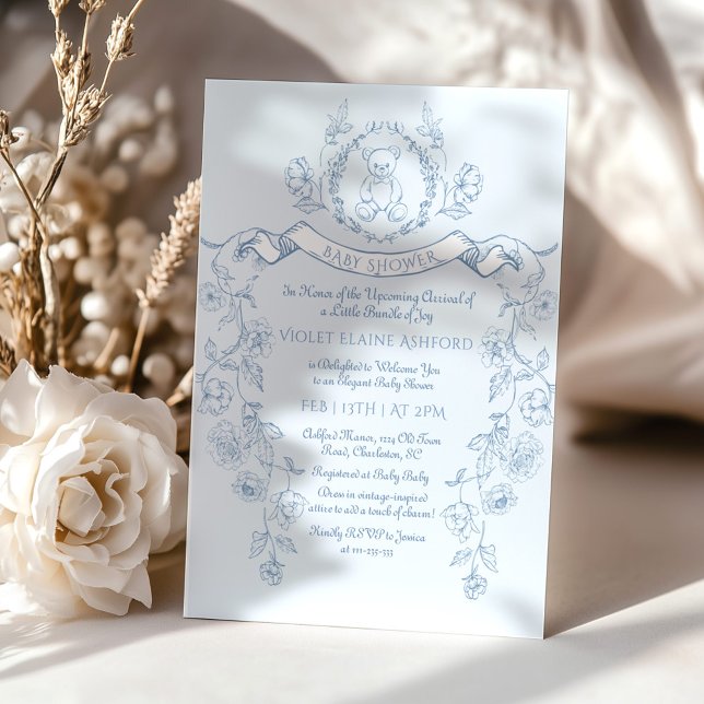 Toile de Jouy Nalle Fransk Blue Baby duscha Inbjudningar (Skapare uppladdad)