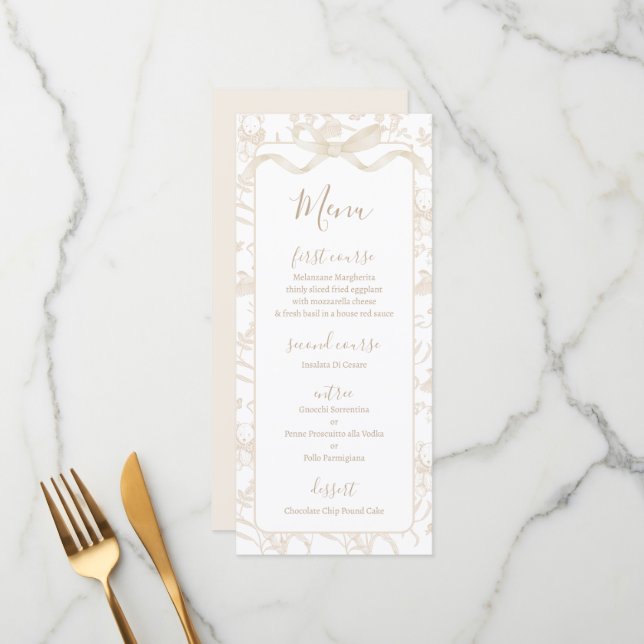 Toile de jouy Neutral Baby Shower Menu Card Meny (Fram/Back In Situ)