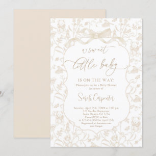 Toile De Jouy Neutralt Baby Shower with Bow Inbjudningar