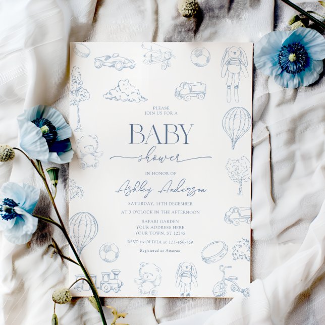 Toile De Jouy Nursery Baby Shower with Bow Boy Inbjudningar (Skapare uppladdad)