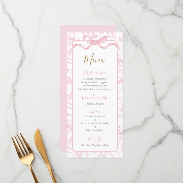 Toile de jouy Pink Baby Shower Girl Menu Card Meny (Fram/Back In Situ)