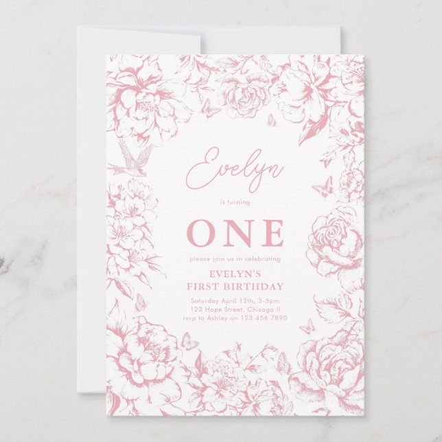 Toile de Jouy Rosa Blommigt Girl 1 Birthday Party Inbjudningar (Framsida)