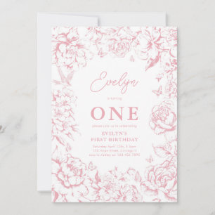 Toile de Jouy Rosa Blommigt Girl 1 Birthday Party Inbjudningar
