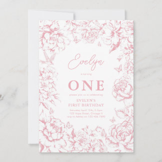 Toile de Jouy Rosa Blommigt Girl 1 Birthday Party Inbjudningar
