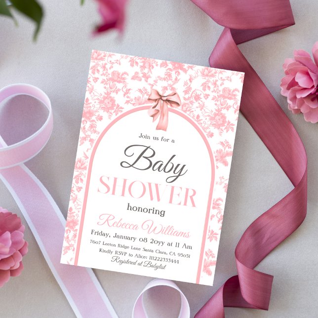 Toile de Jouy Rosa Bow Girl Baby Shower Inbjudningar (Skapare uppladdad)