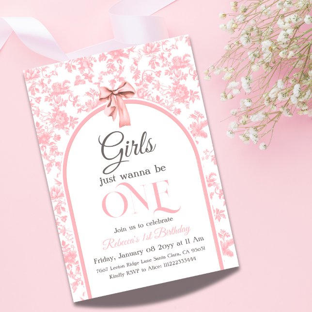 Toile de Jouy Rosa Bow Girl First 1st Birthday Inbjudningar (Skapare uppladdad)
