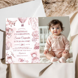 Toile De Jouy Rosa Flicka Födelsedagsfest Foto Inbjudningar