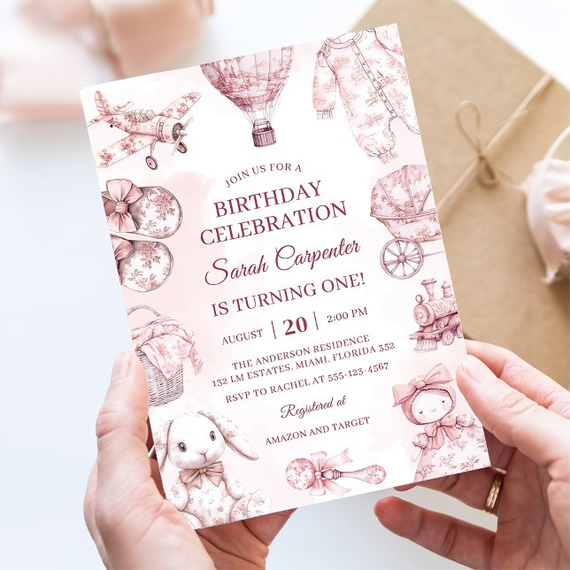 Toile De Jouy Rosa Flickfödelsedagsfest Inbjudningar (Skapare uppladdad)