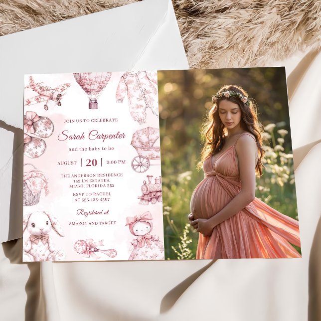 Toile De Jouy Rosa Girl Baby Shower Party Inbjudningar (Skapare uppladdad)