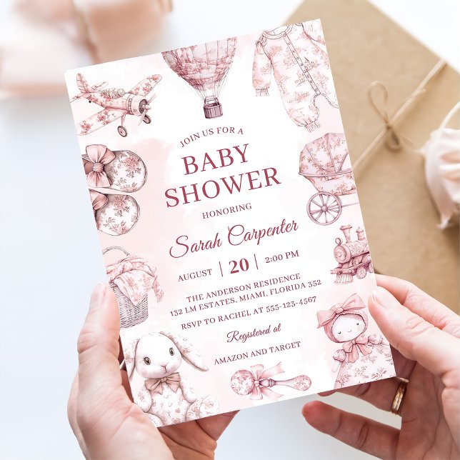 Toile De Jouy Rosa Girl Baby Shower Party Inbjudningar (Skapare uppladdad)