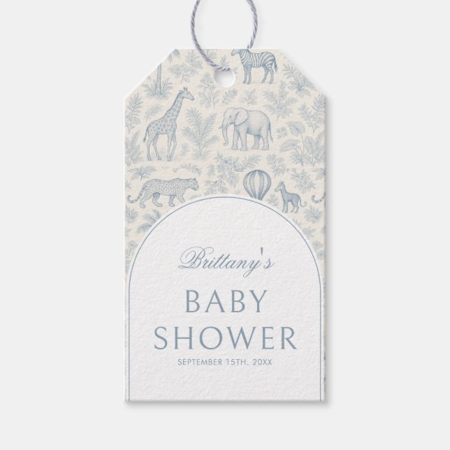 Toile De Jouy Safari Animals Blue Boy Shower Presentetikett (Framsidan)