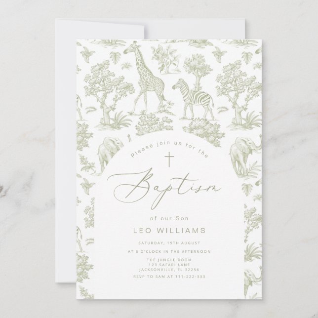 Toile de Jouy Safari animals Grönt Boy Baptism Inbjudningar (Framsida)