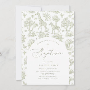 Toile de Jouy Safari animals Grönt Boy Baptism Inbjudningar