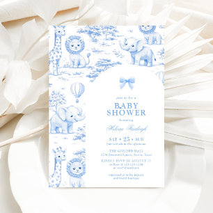 Toile De Jouy Safari Blå Pojke Bebisdopp Inbjudningar