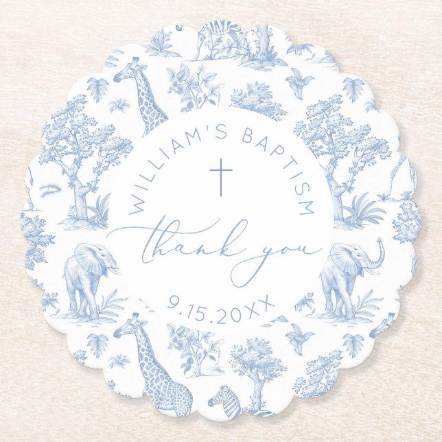 Toile de Jouy Safari Boy Baptism Tack Underlägg Papper (Framsida)