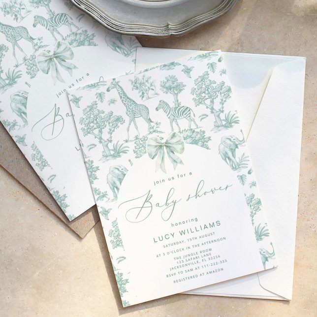 Toile de Jouy Safari grönt Babydusch Inbjudningar (Skapare uppladdad)