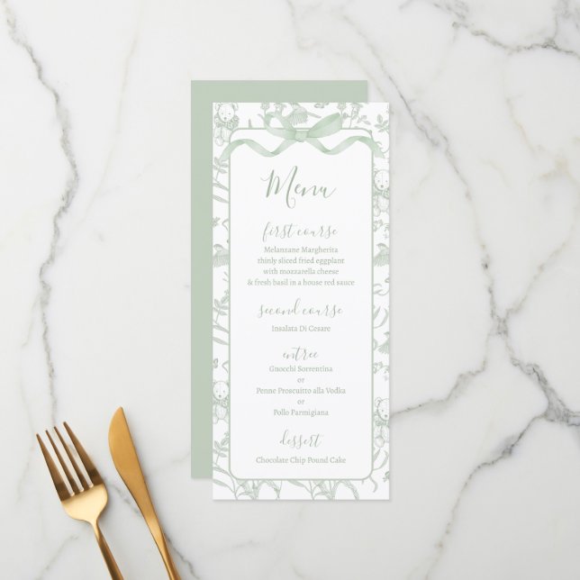 Toile de jouy Sage Baby Shower Menu Card Meny (Fram/Back In Situ)