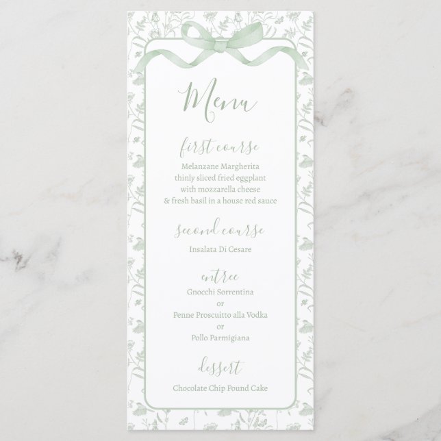 Toile de jouy Sage Green Menu Card Meny (Framsida)