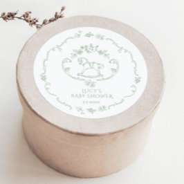 Toile de Jouy Sage Grönt Rocking Horse Baby Shower Runt Klistermärke