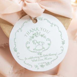 Toile de Jouy Sagegrön gunghäst baby shower Gåvor Etiketter