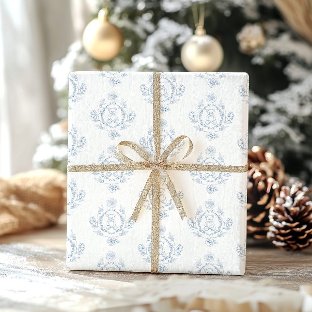 Toile de Jouy Teddy bear baby shower Presentpapper (Skapare uppladdad)