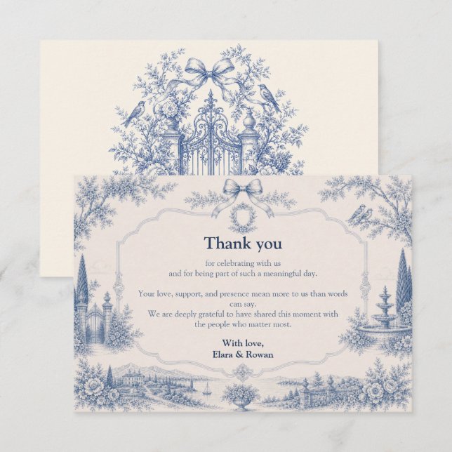Toile de Jouy Venue Story Bröllop Tacksamhetskort Tack Kort (Fram/baksida)