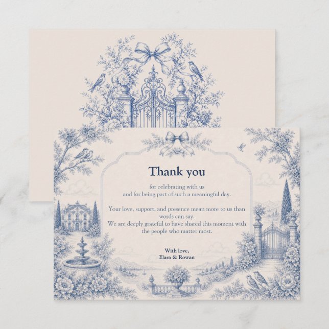 Toile de Jouy Venue Story Bröllop Tacksamhetskort Tack Kort (Fram/baksida)