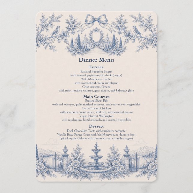 Toile de Jouy Venue Story Bröllopsmeny Meny (Framsida)