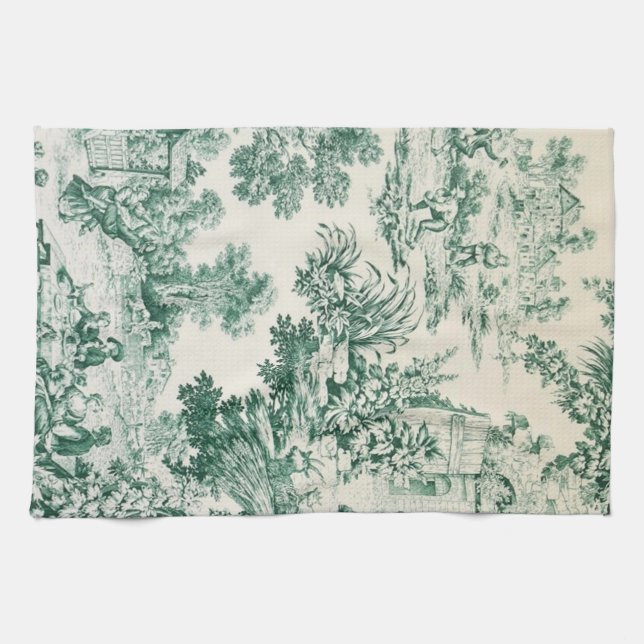 Toile de Jouy verte Kökshandduk (Horisontell)