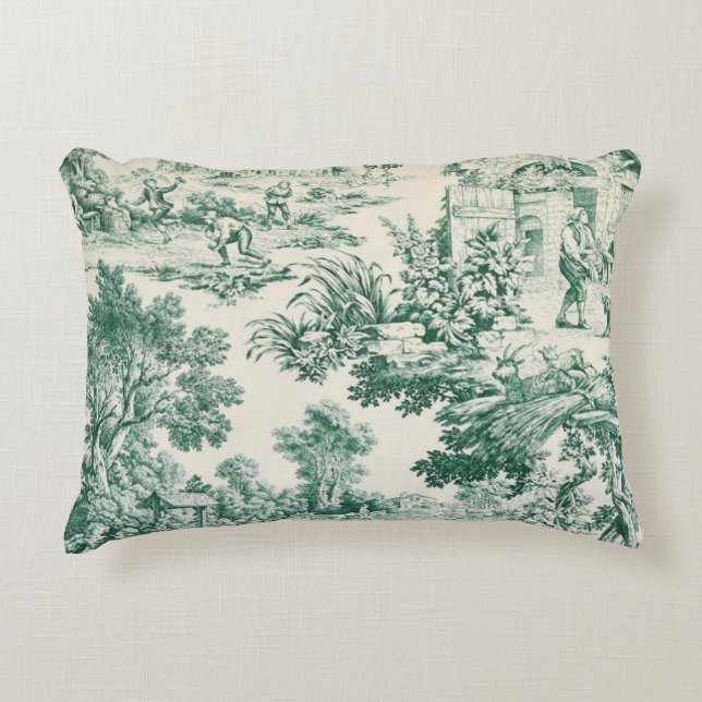 Toile de Jouy verte Prydnadskudde (Framsidan)