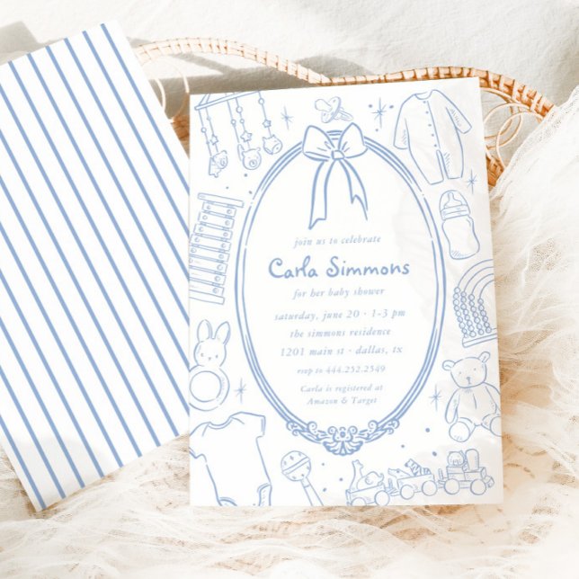 Toile De Jouy Whimsical Blue Baby Shower Inbjudningar (Skapare uppladdad)