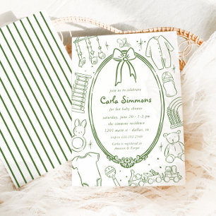 Toile De Jouy Whimsical Grönt Baby Shower Inbjudningar