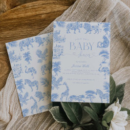 Toile de Jouy White och Blue Safari Baby Shower Inbjudningar