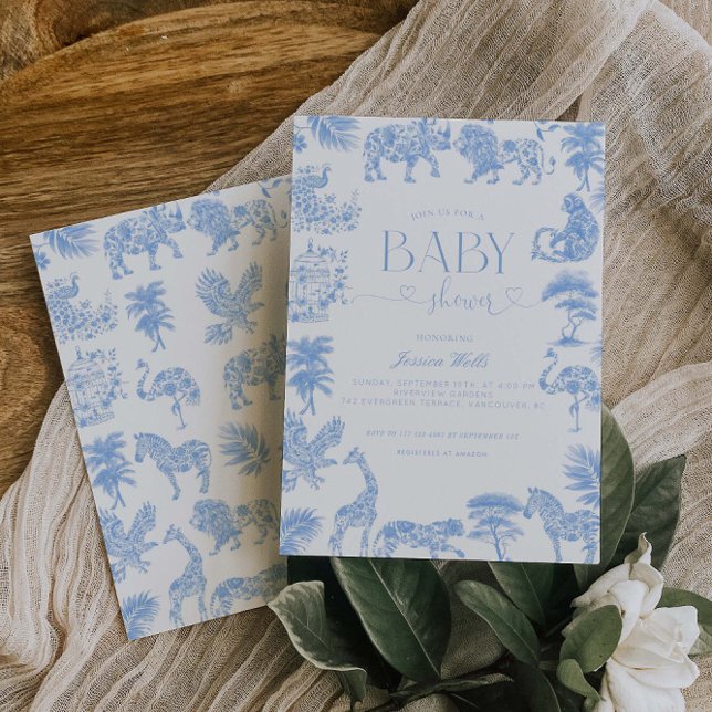 Toile de Jouy White och Blue Safari Baby Shower Inbjudningar (Skapare uppladdad)