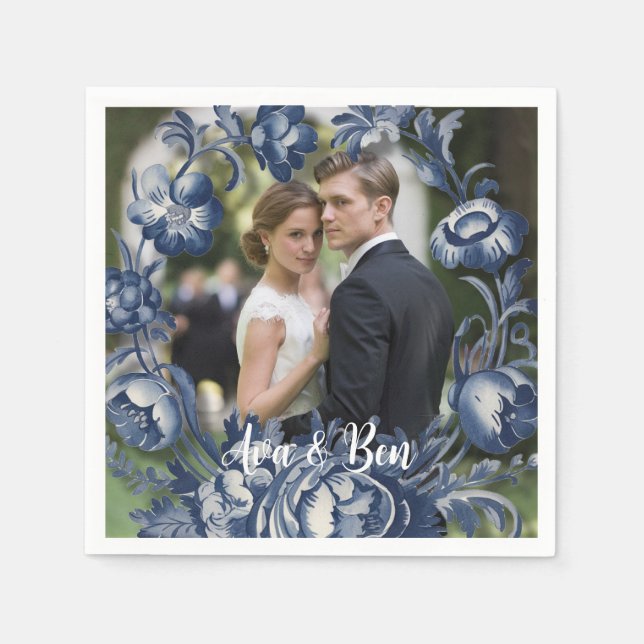 Toile Fransk Vintage Blue Blommigt Bröllop Pappersservett (Framsidan)