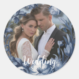 Toile Fransk Vintage Blue Blommigt Bröllop Runt Klistermärke