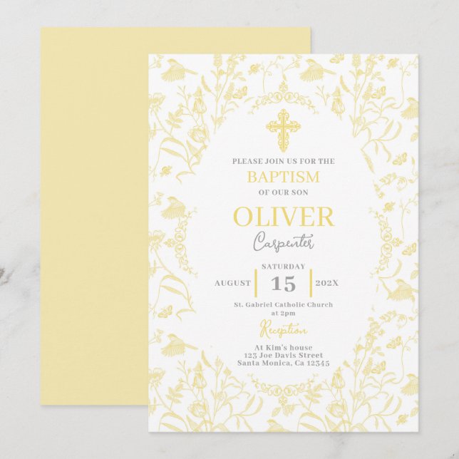 Toile gult Baptism Inbjudningar (Fram/baksida)