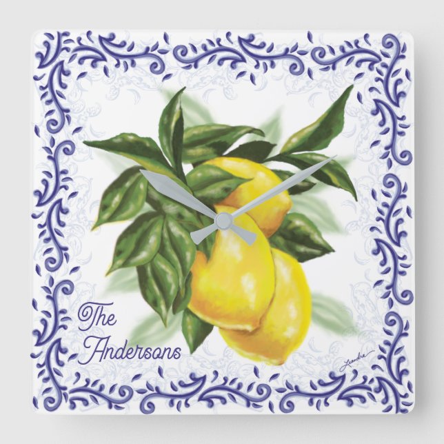 Toile Lemons Clock Fyrkantig Klocka (Framsida)
