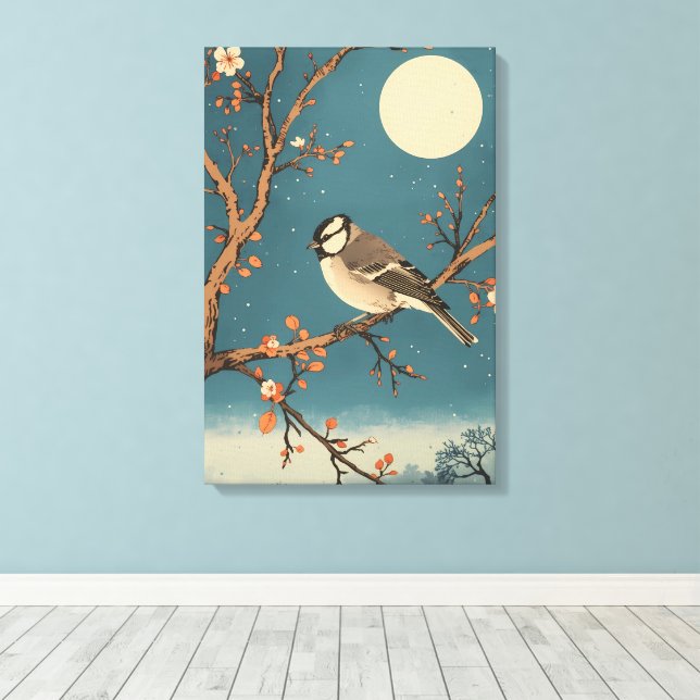 Toile Moonlit Bird on Blossom Branch Canvastryck (Insitu (trägolv))