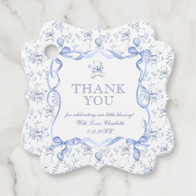 Toile Nalle Dusty Blue Baby Shower Tack Gåvor Etiketter (Framsida)