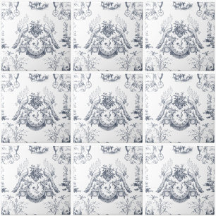 Toile Påfågel Fransk Blå Vintage Tupp och Kanin Kakelplatta
