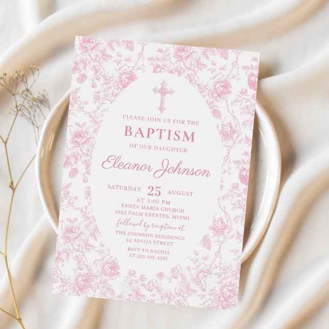 Toile Rosa Bow Baptism Flickinbjudan Inbjudningar (Skapare uppladdad)