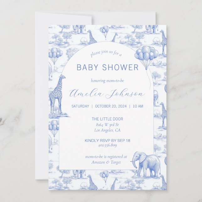 Toile Safari Blue Baby Shower Invitation Animal Inbjudningar (Framsida)