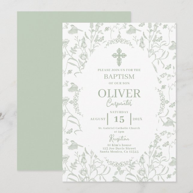 Toile Sage Baptism Inbjudningar (Fram/baksida)