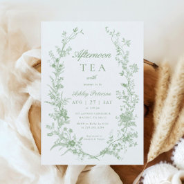 Toile Sage Grönt Eftermiddagstid Tea Party Baby Sh Inbjudningar