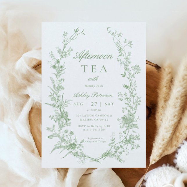 Toile Sage Grönt Eftermiddagstid Tea Party Baby Sh Inbjudningar (Skapare uppladdad)