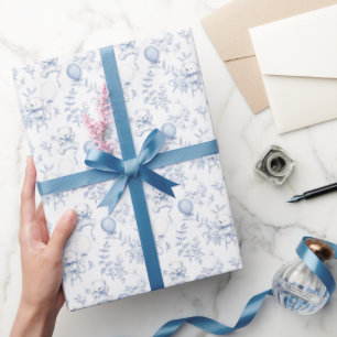 Toile Teddy Bear och Blå Blommig Babyfirande Presentpapper