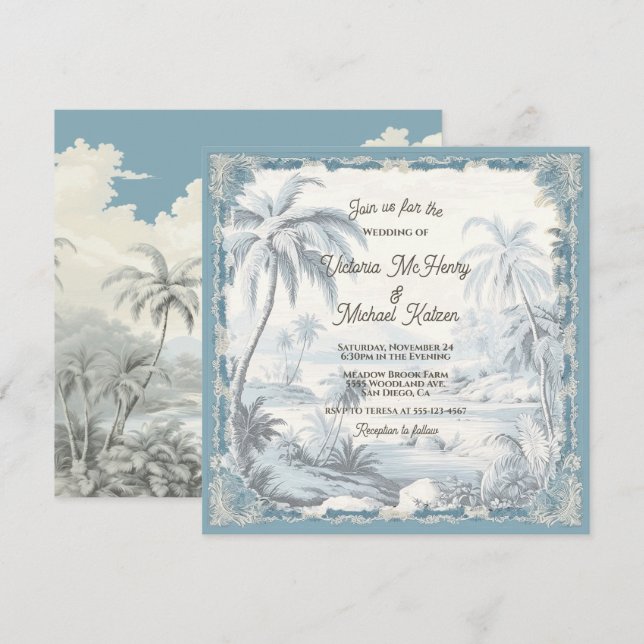 Toile Tropical Handflatan Träd Bröllop Inbjudningar (Fram/baksida)