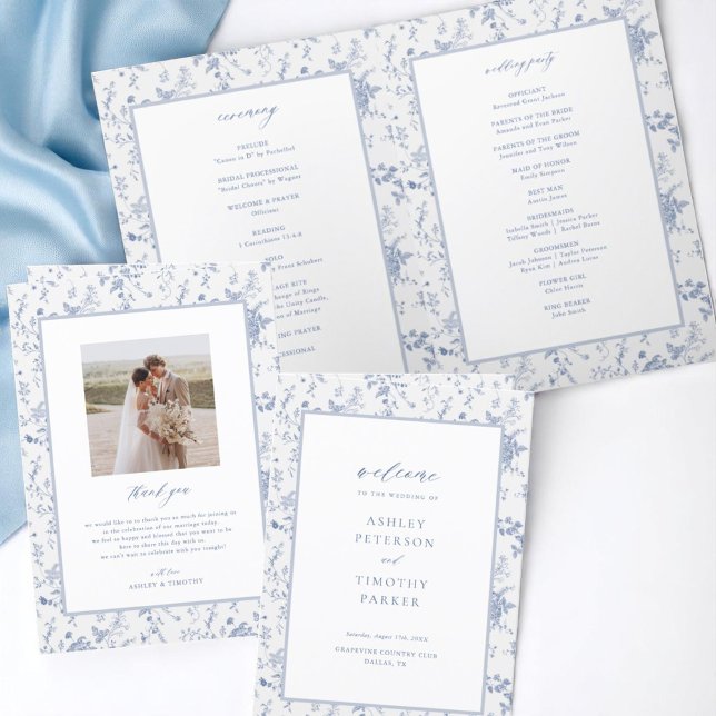 Toile Victorian Blue Blommigt Bröllop Ceremony Program (Skapare uppladdad)